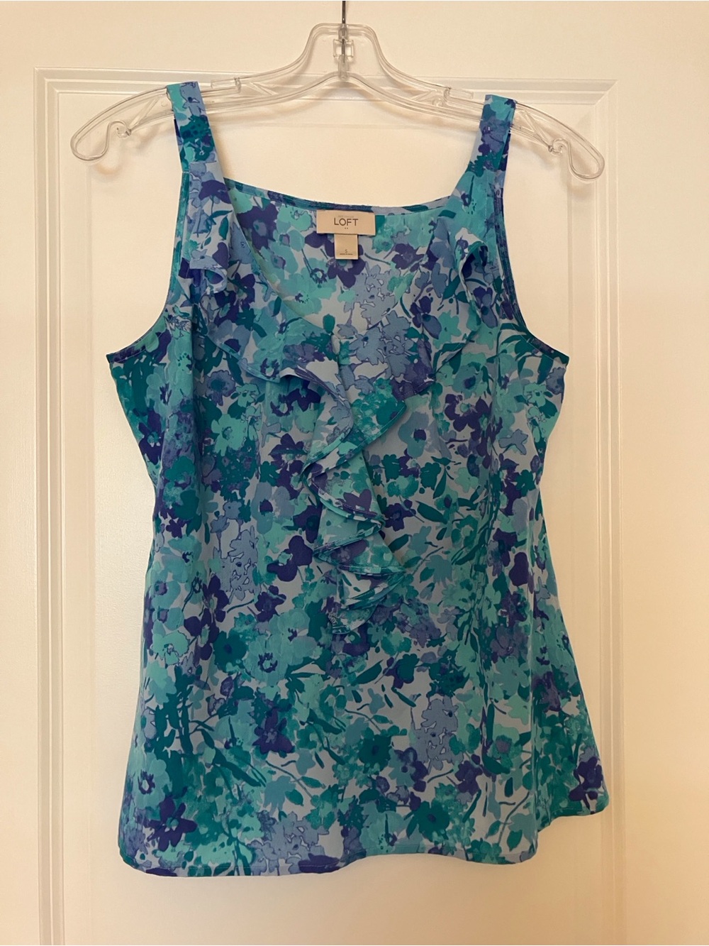 LOFT Blue Teal Floral Ruffle Tank